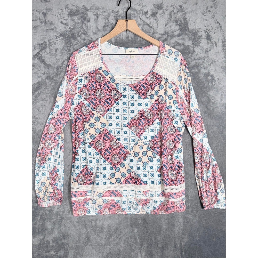 Style & Co Womens Blouse L Multicolor Paisley Boho Lace Trim Long Sleeve